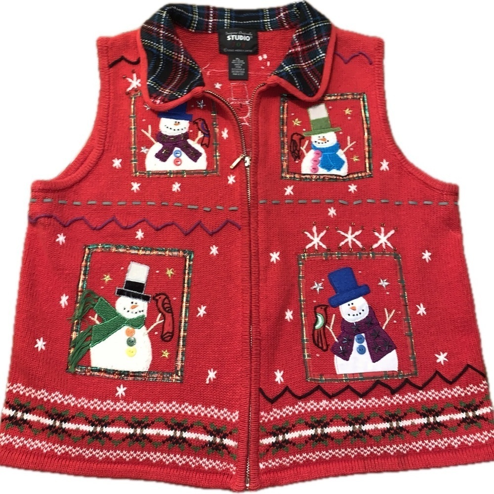 Vintage Festive Red Snowman Christmas Beaded Embroidered Knit Funky Zip Vest PL